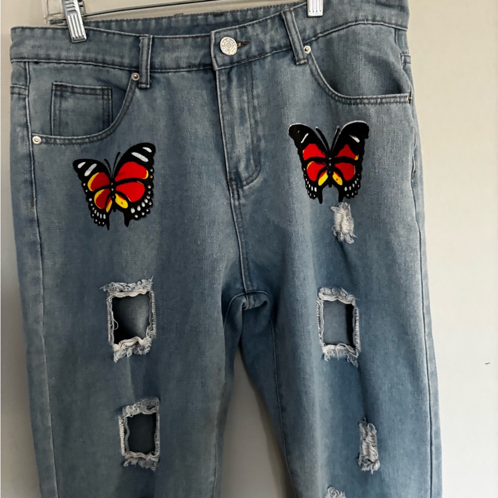 Y2K! ROMWE Red Butterfly Patch ecliptic  Whimsical Goth rate Jeans Size 34